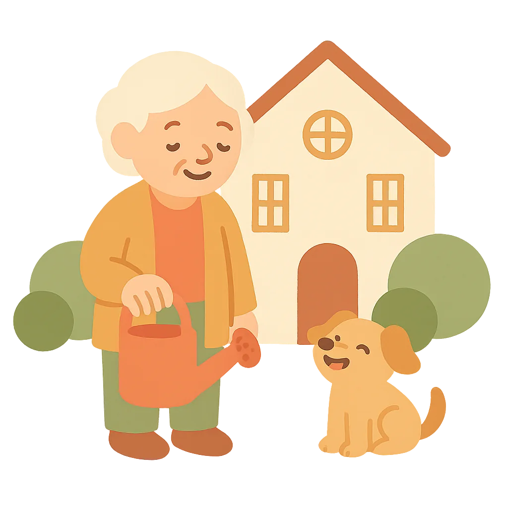 A kind person in a cardigan with a happy dog in front of a large house