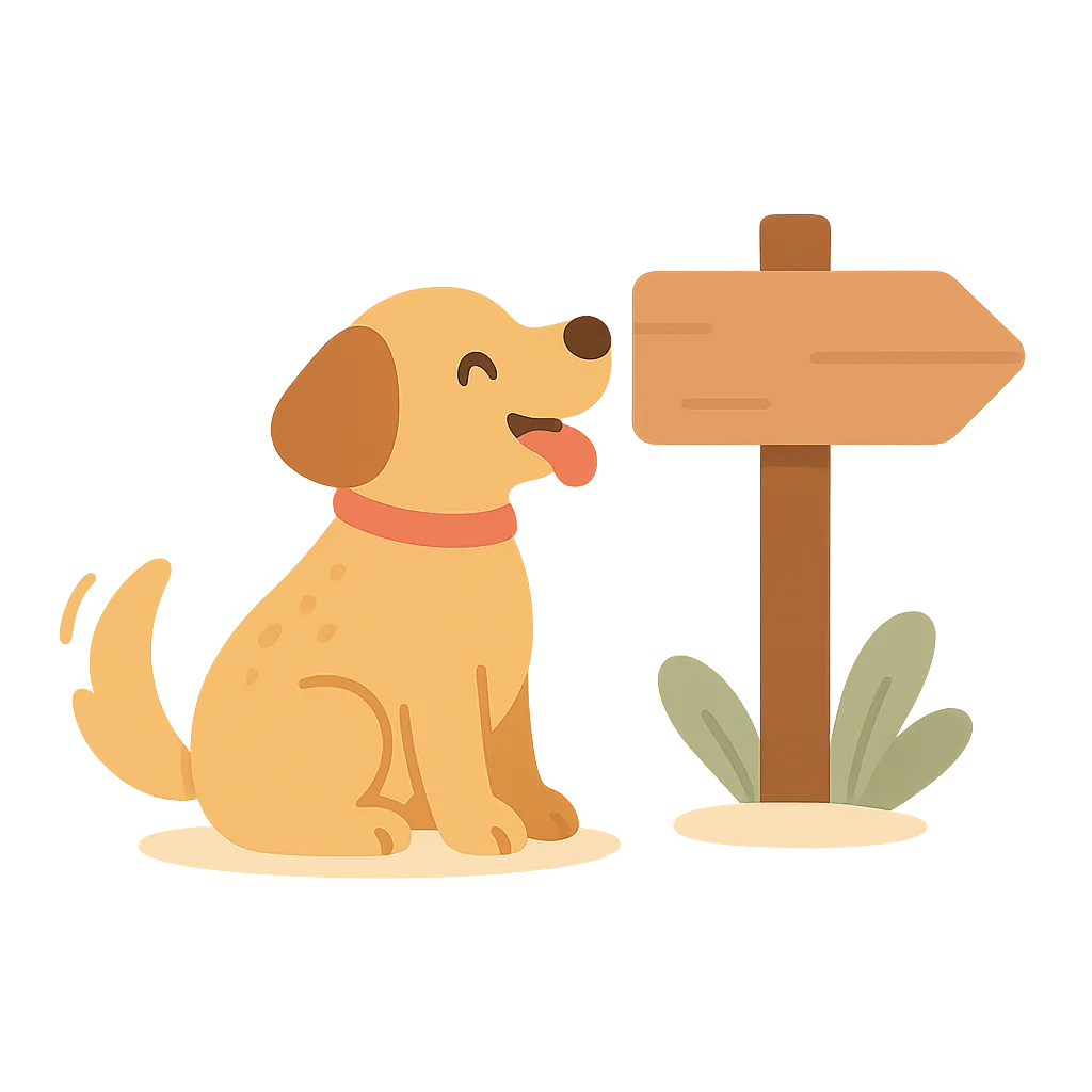 A happy little dog sitting by a signpost, waiting to join the walk