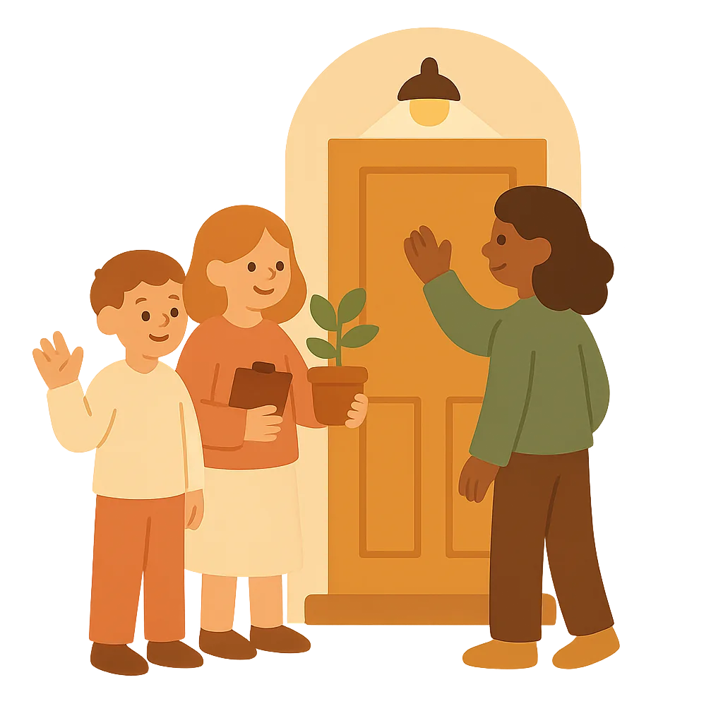 Three friendly people knocking at a front door