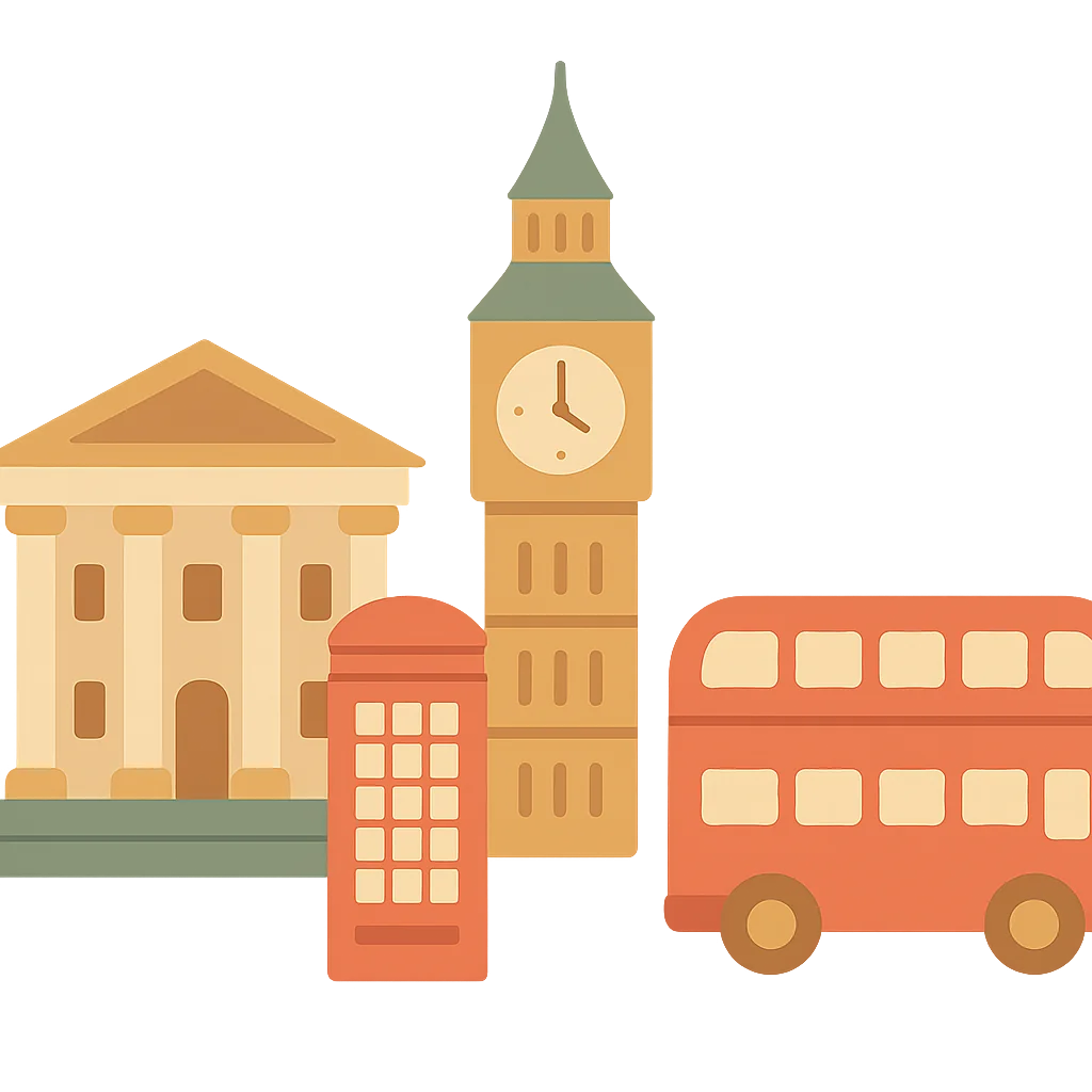 A London vignette: law office, red telephone booth, clock tower, double-decker bus