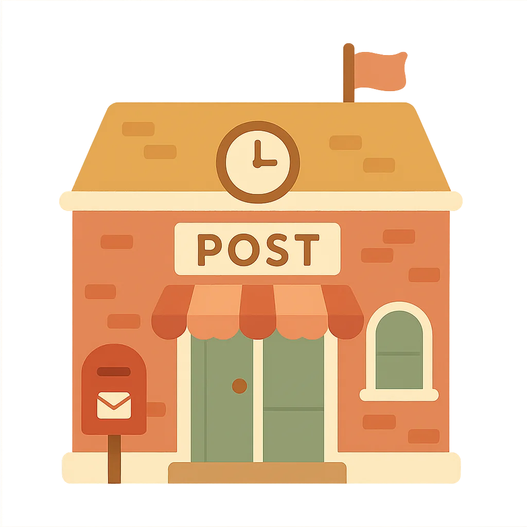 A tiny cheerful post office with a red mailbox out front
