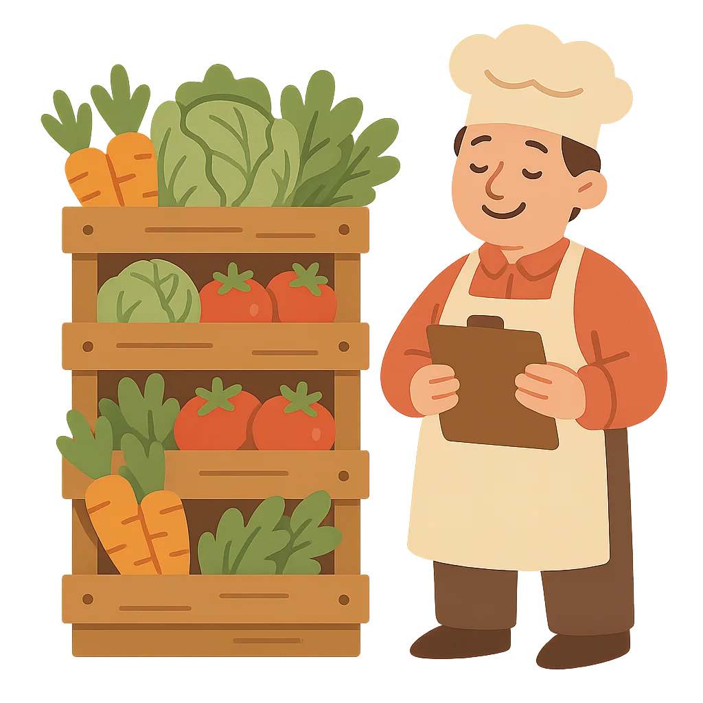 A friendly chef with a clipboard beside crates of vegetables
